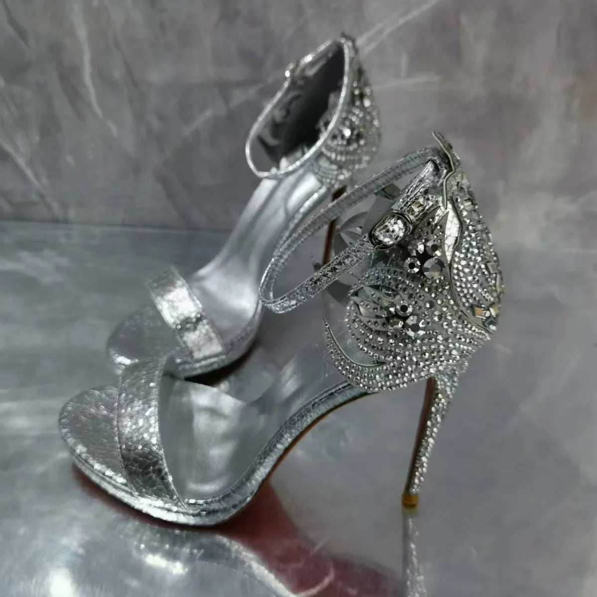 Pixor Woman Bling Rhinestone Thin High Heel Sandal Shoes Luxury Genuine Leather Female
