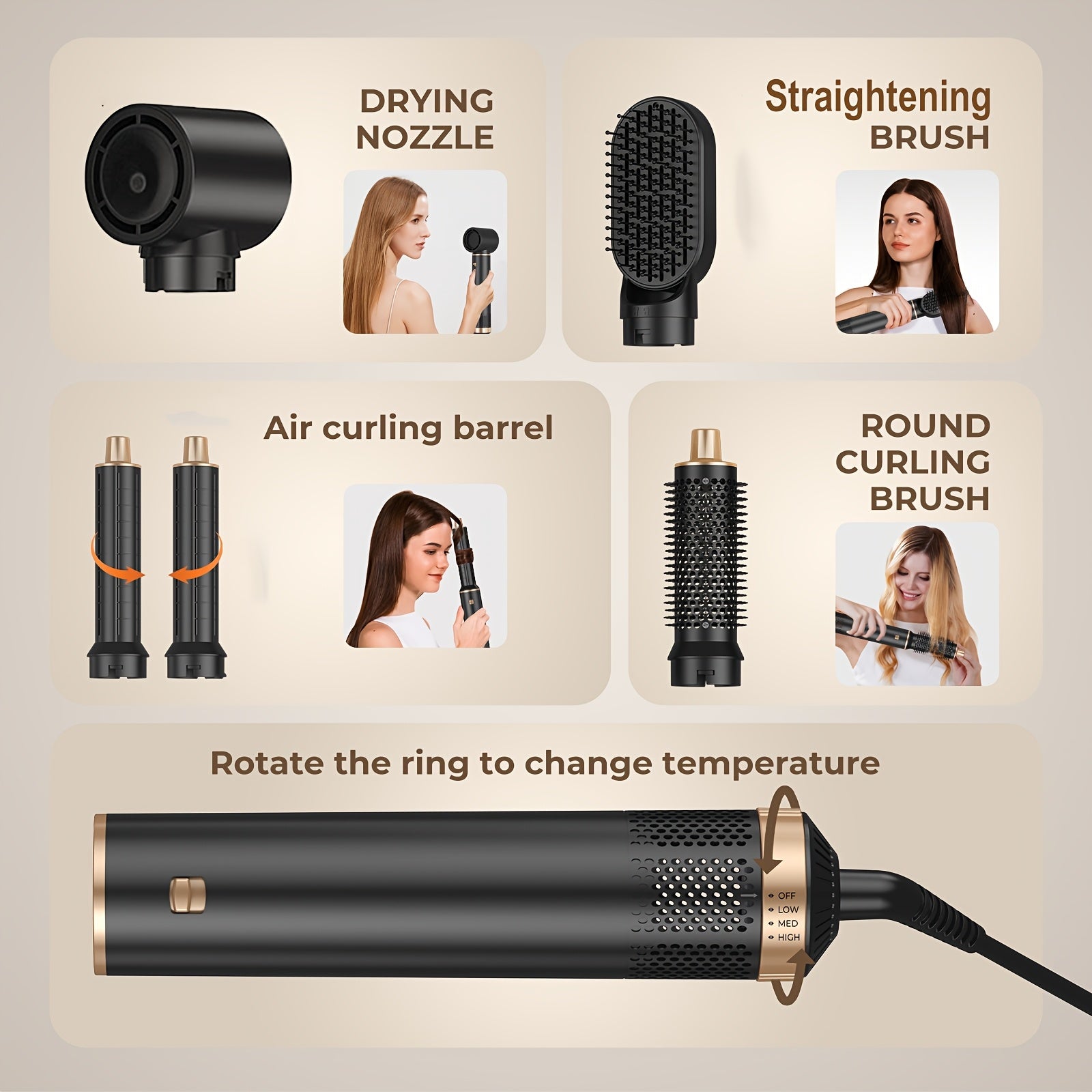 Pixor 5-in-1 Hot Air Styling Set: High-Speed Hair Dryer, Automatic Curling Wand & Straightening Brush
