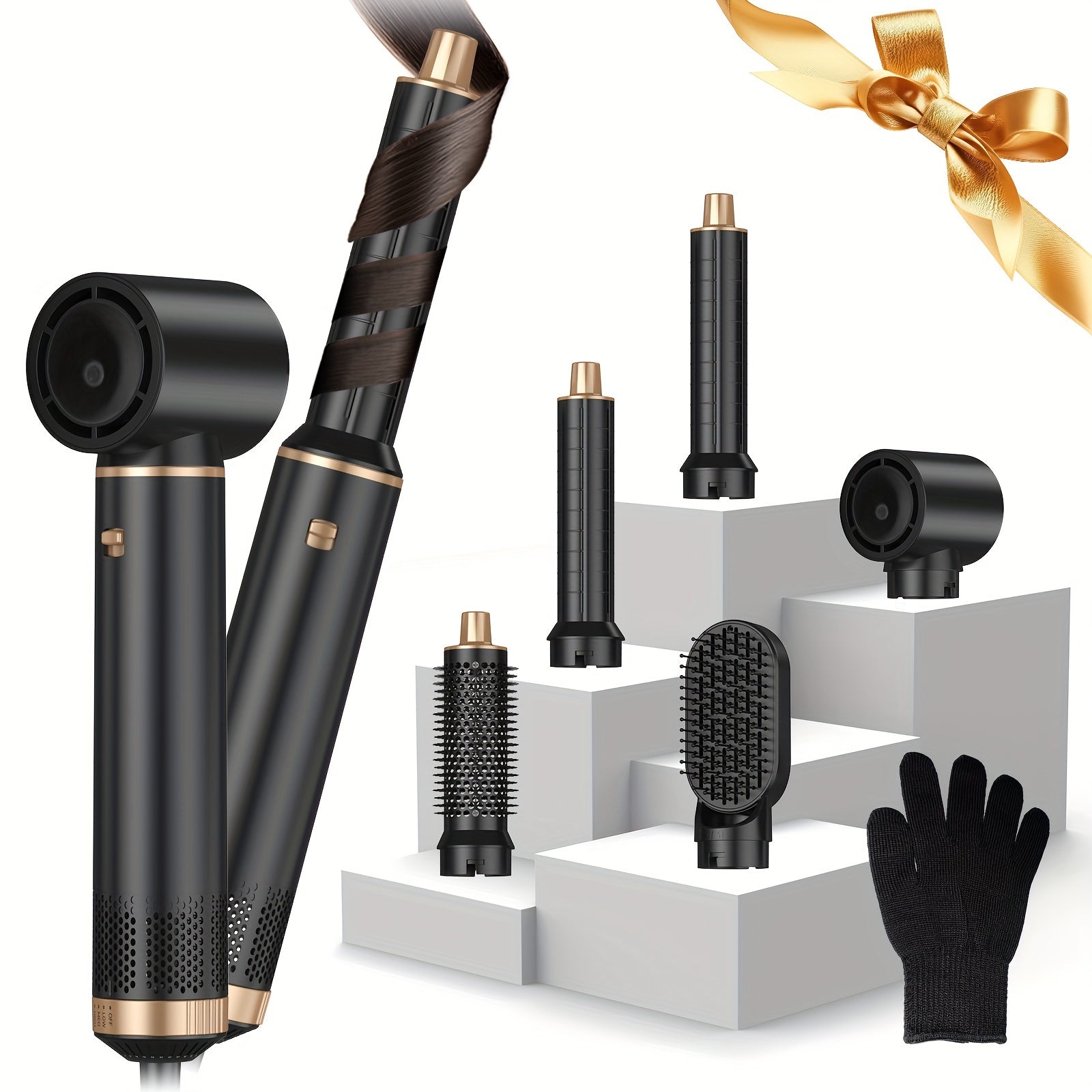 Pixor 5-in-1 Hot Air Styling Set: High-Speed Hair Dryer, Automatic Curling Wand & Straightening Brush