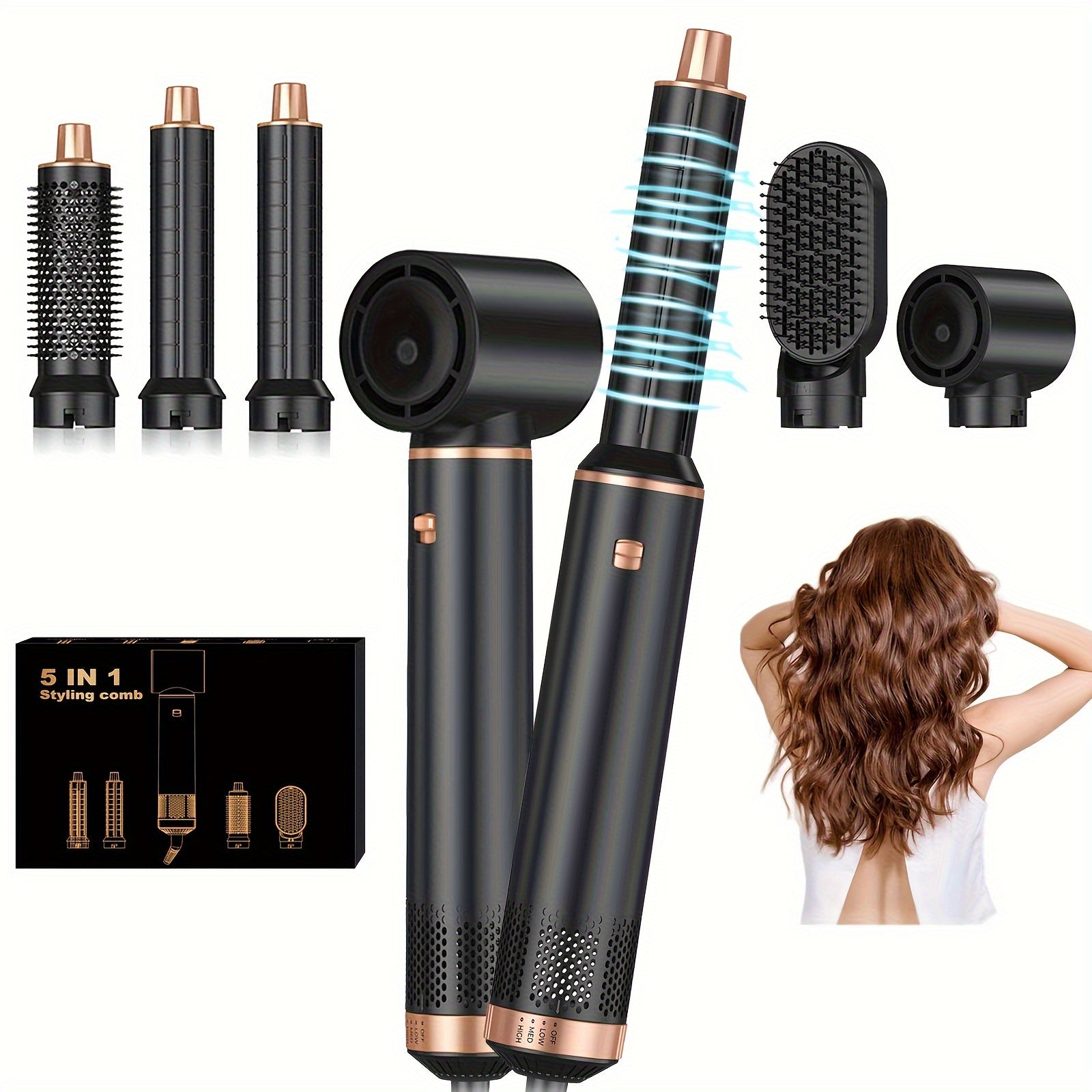 Pixor 5-in-1 Hot Air Styling Set: High-Speed Hair Dryer, Automatic Curling Wand & Straightening Brush