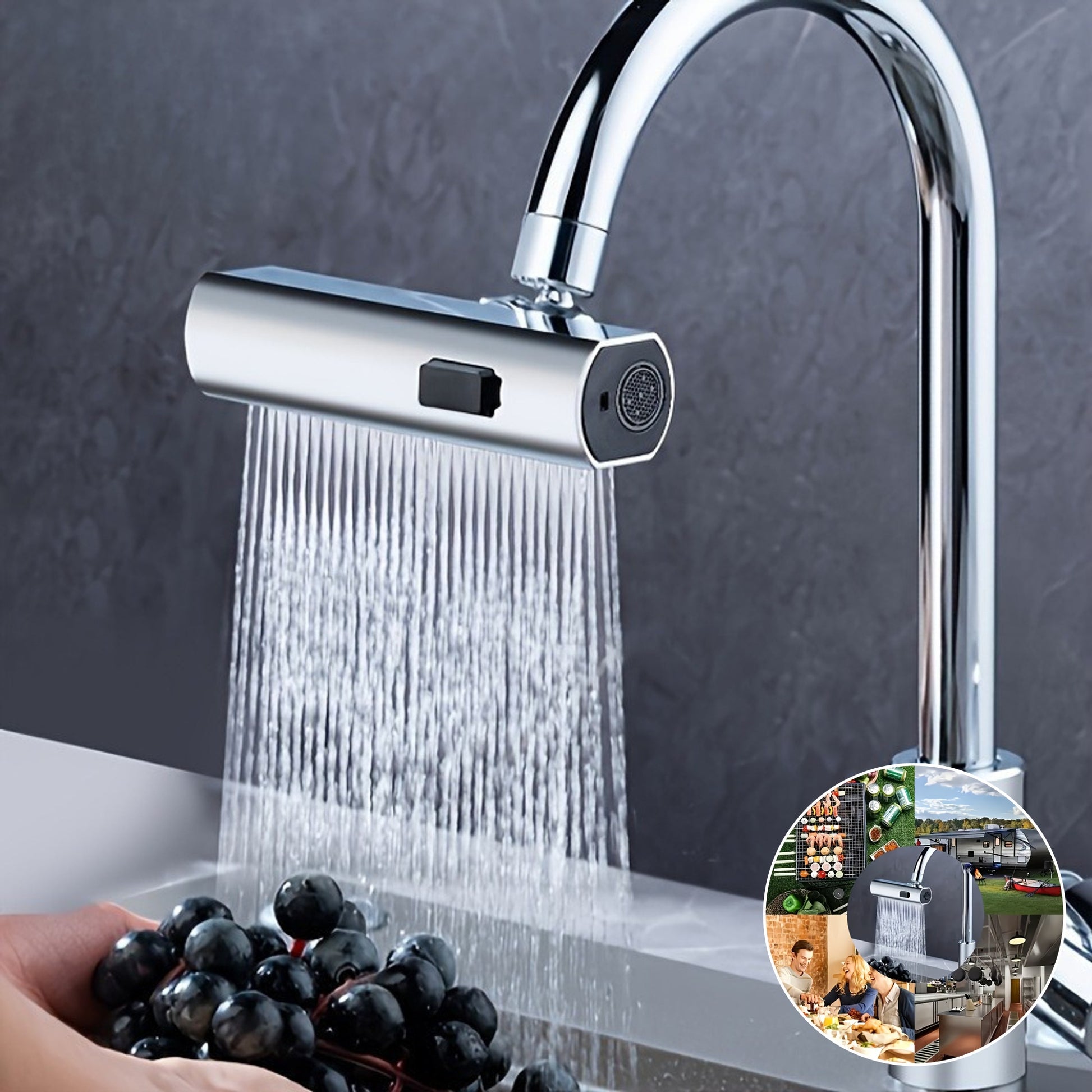 Pixor Multi-Function Faucet Adapter with 3-Speed Waterfall Flow, Rotatable Spray Head