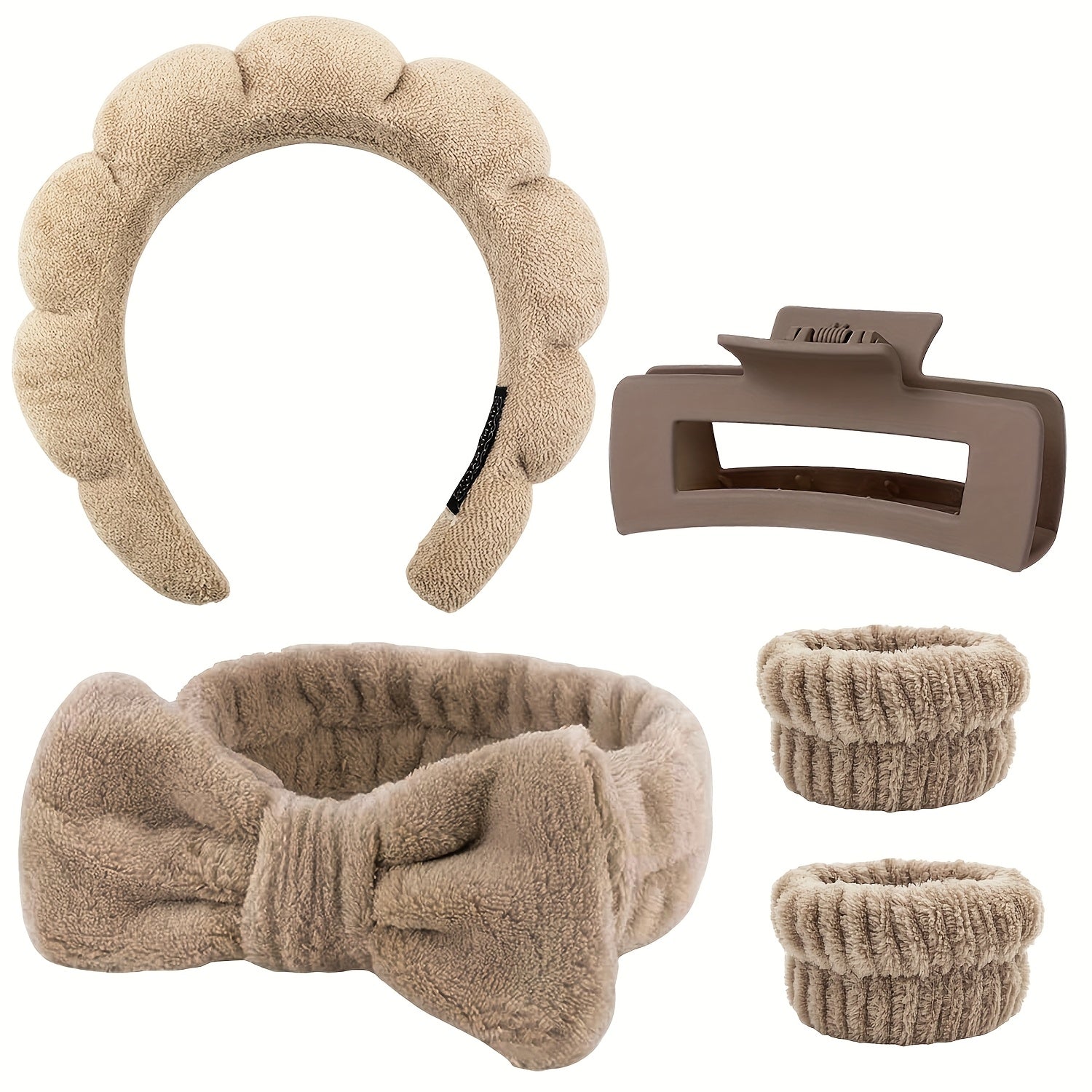 Pixor 5pcs/Set Spa Headband Wristband Set with Hair Claw Clips Skincare Headbands for Washing Face