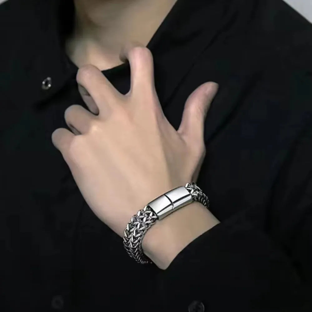 Pixor Stainless Steel Braided Double Row Front and Rear Fish Scale Alloy Magnetic Buckle Bracelet