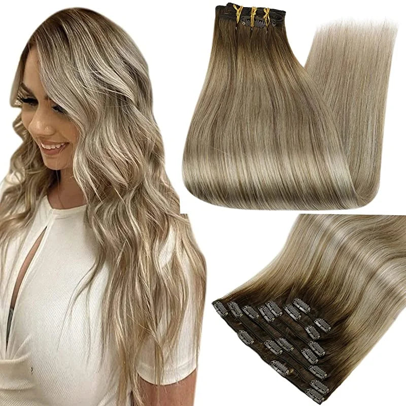 Pixor Full Shine Human Hair Extensions Clip in Hair Extensions Human Hair 7PCS