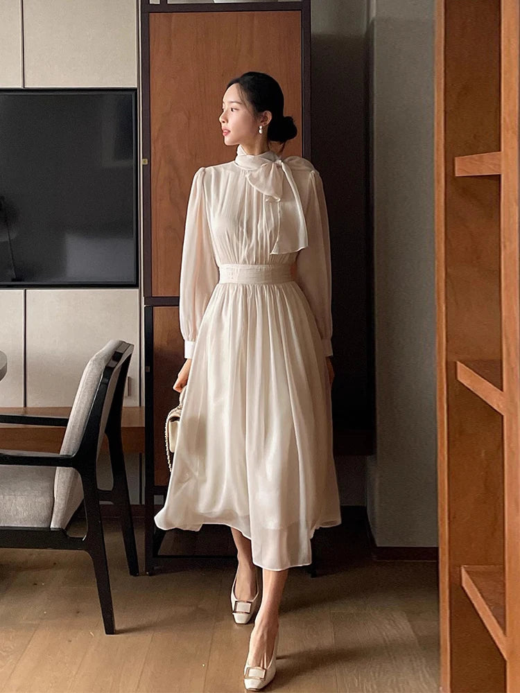 Spring Korean Stand Collar Tunic Slim Bandage Casual Maxi Dress For Women