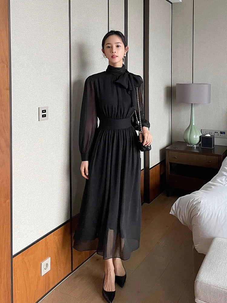 Spring Korean Stand Collar Tunic Slim Bandage Casual Maxi Dress For Women