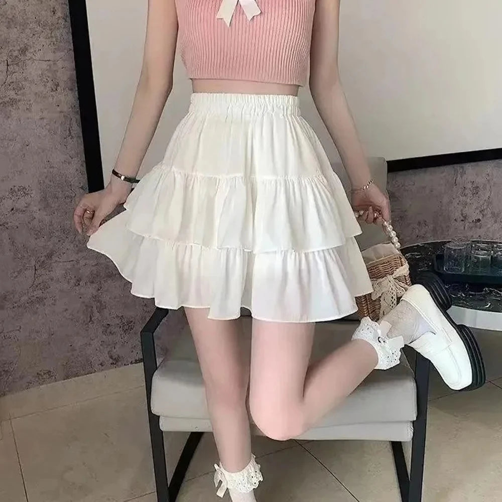Pixor Pleated A-line Skirt White Women Ruffles Sweet Hottie Preppy Style