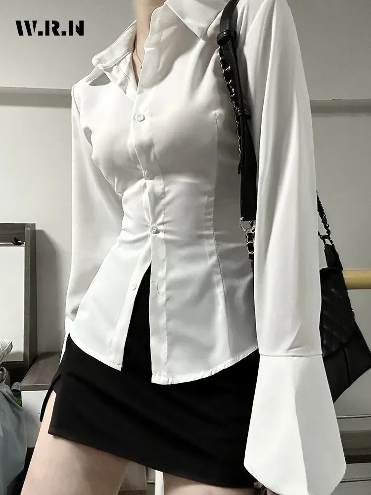 Women Sexy Solid Color Slim Chiffon Shirt Turn-down Collar Flare Sleeve