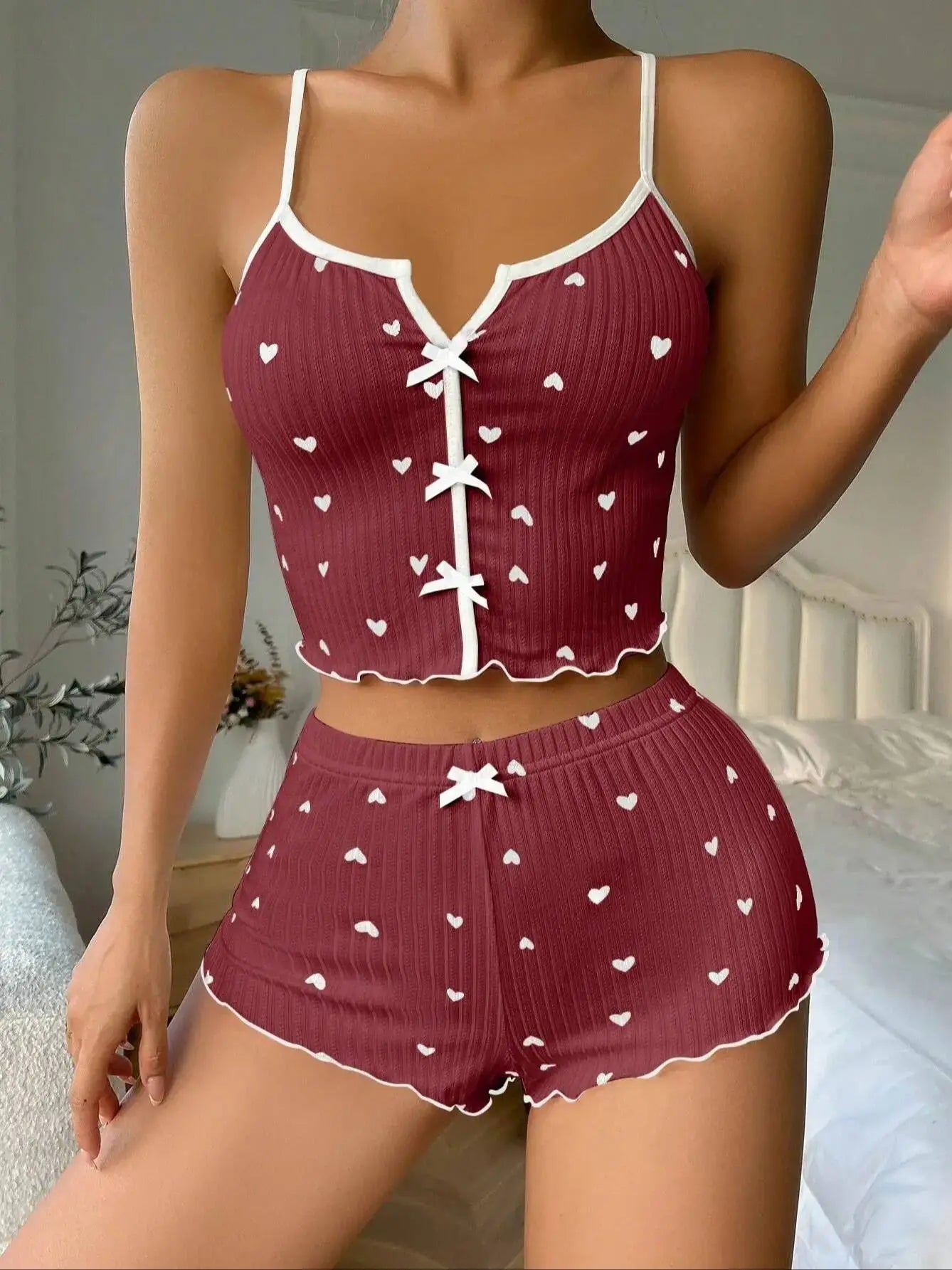 Pixor Sexy Sleepwear Women Pajamas Set Heart Print Silk Stain V-Neck Sleeveless