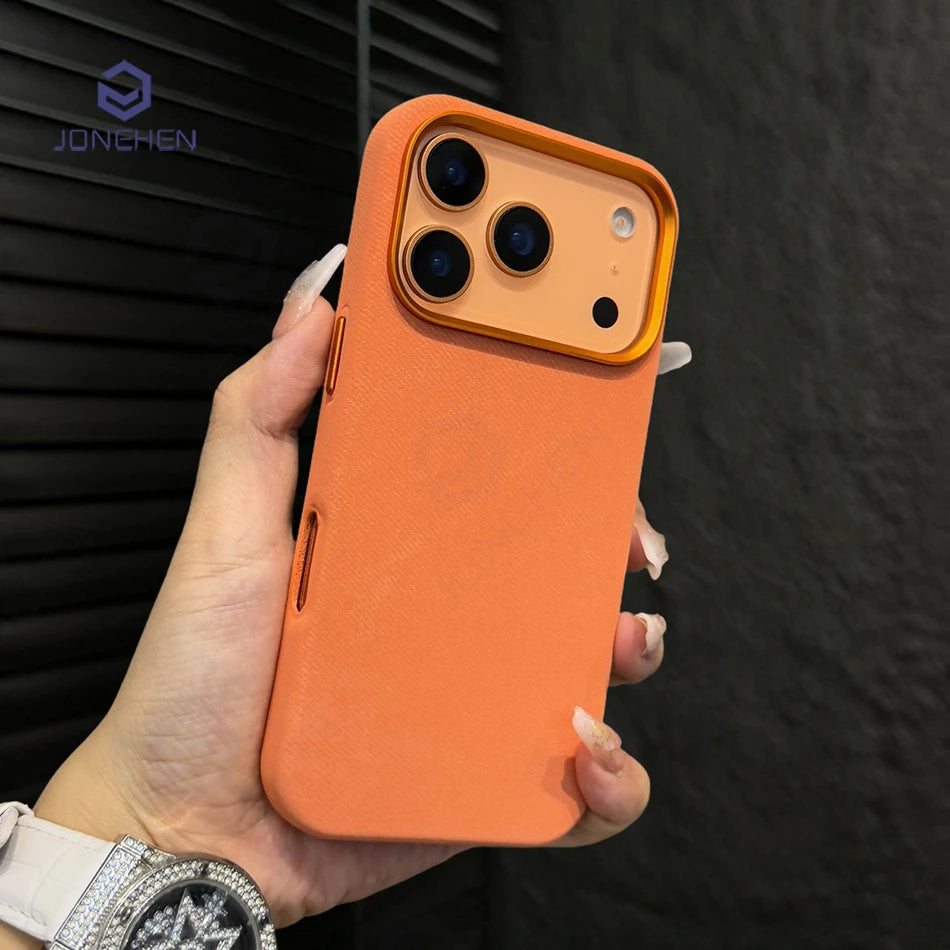 Pixor Luxury Alloy Len Frame Fiber Leather Magnetic Case For iPhone 17 16 Pro Max 15 14 13 12 For Magsafe