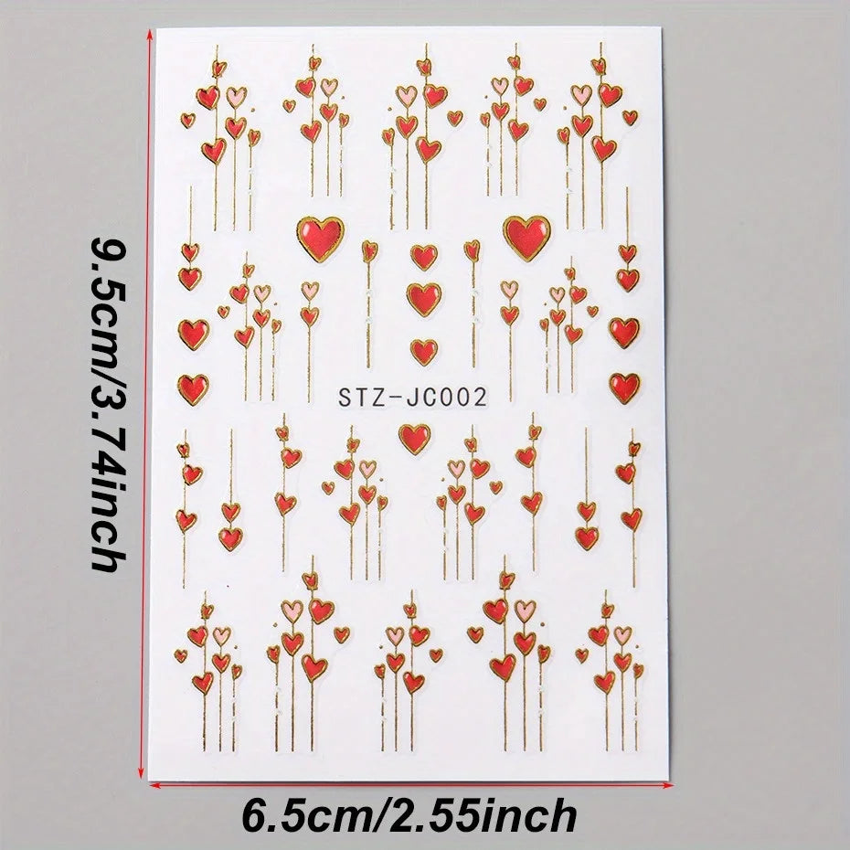 Pixor 1pcs 3D Valentine'S Day Heart & Golden Stripe Nail Stickers - Romantic Red & Pink Adhesive Nail Art Decals with Heart Lines