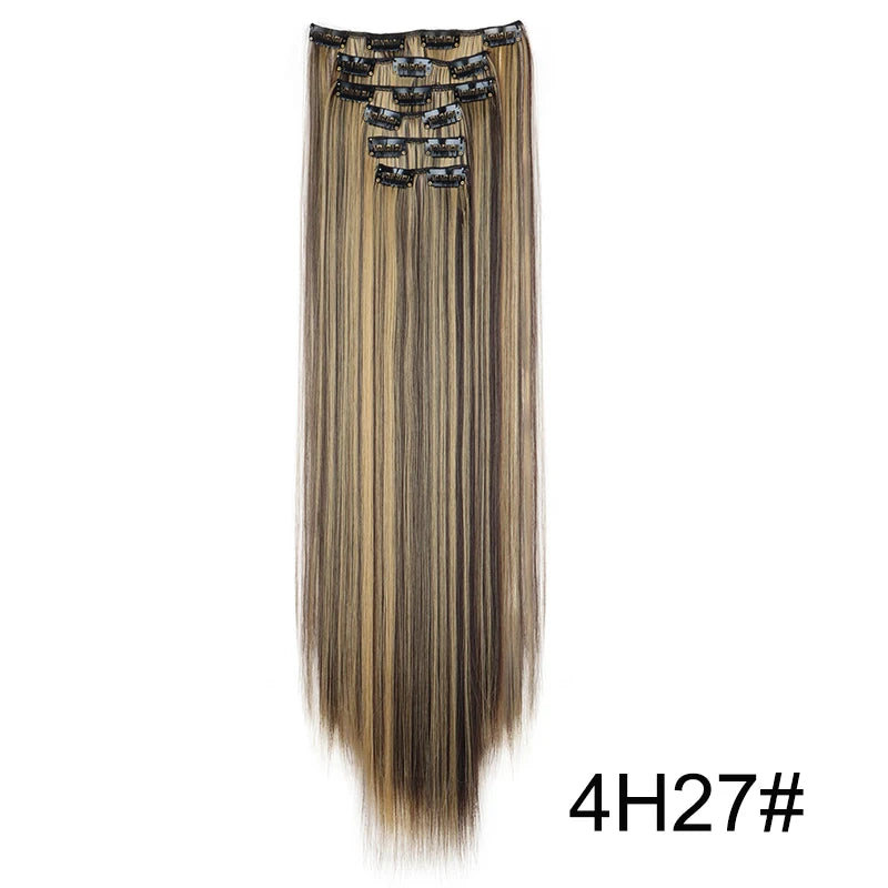Pixor Synthetic 24Inch 16 Clips in Hair Extensions Long Straight Hairstyle Blonde Black Hairpieces