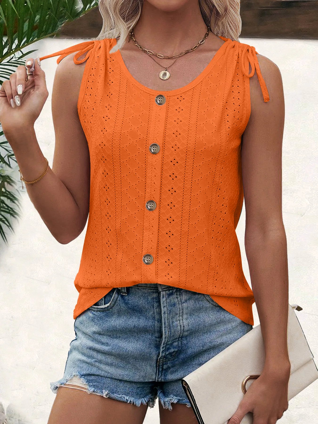 Pixor Spring And Summer New Women's Sexy Casual Solid Color U-neck Vest T-shirt Orange