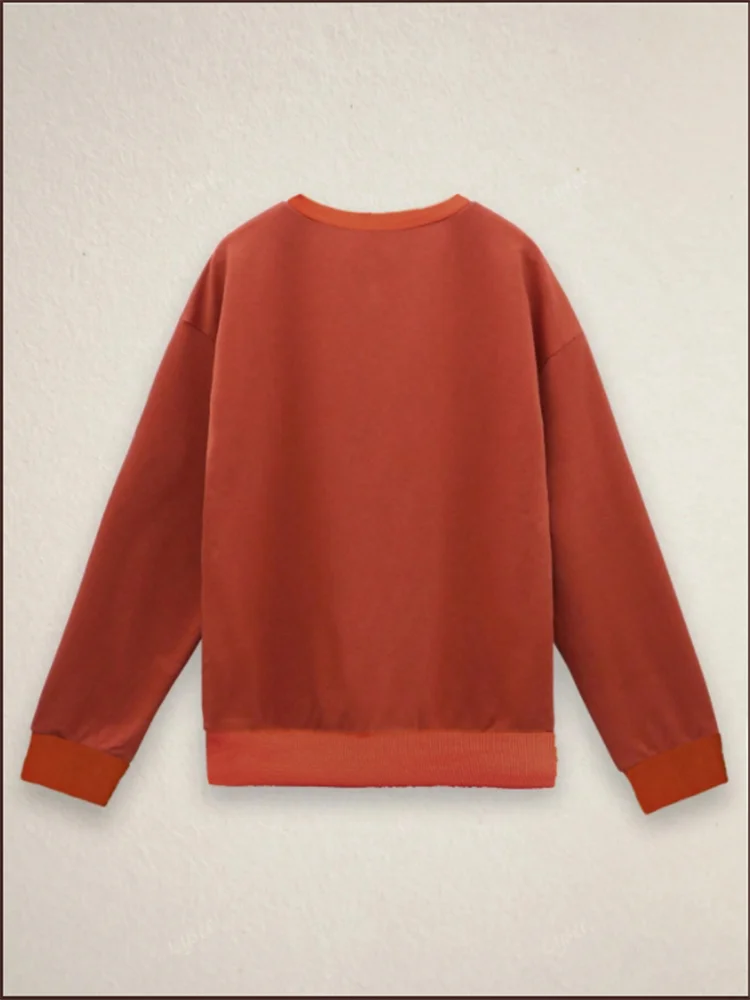 Pixor Geometric Print Long Sleeved Orange Round Neck Women's T-shirt Street Versatile Casual