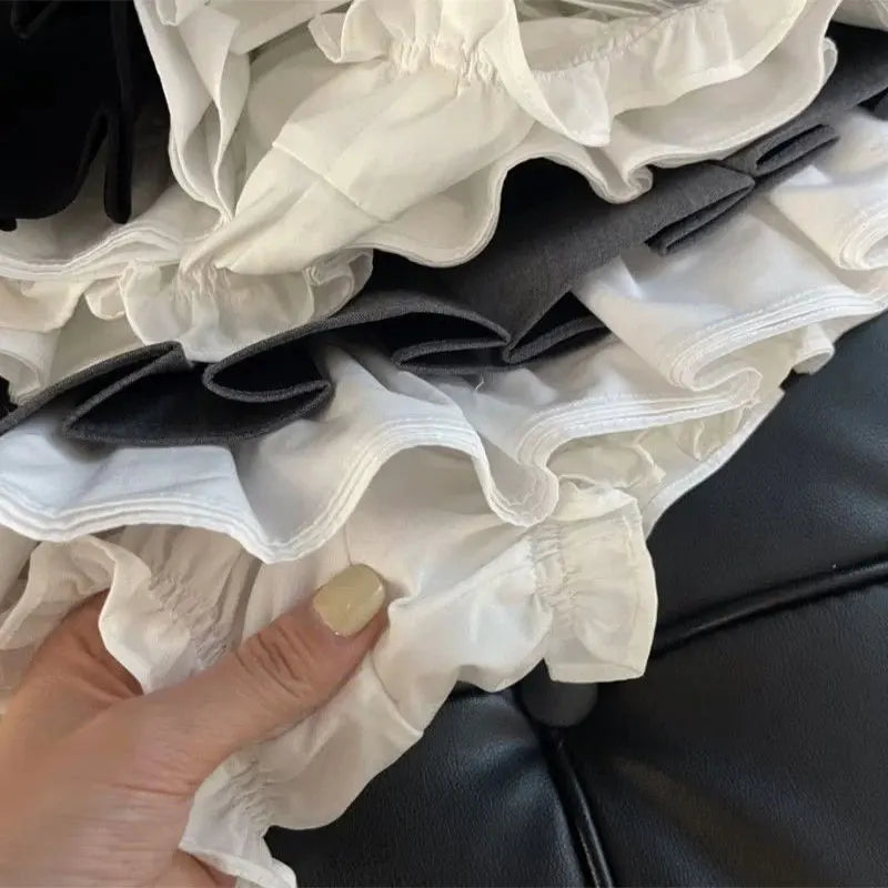 Pixor Mooyufon Ruffles Black Mini Skirt Women Korean Patchwork Pleated Skirts