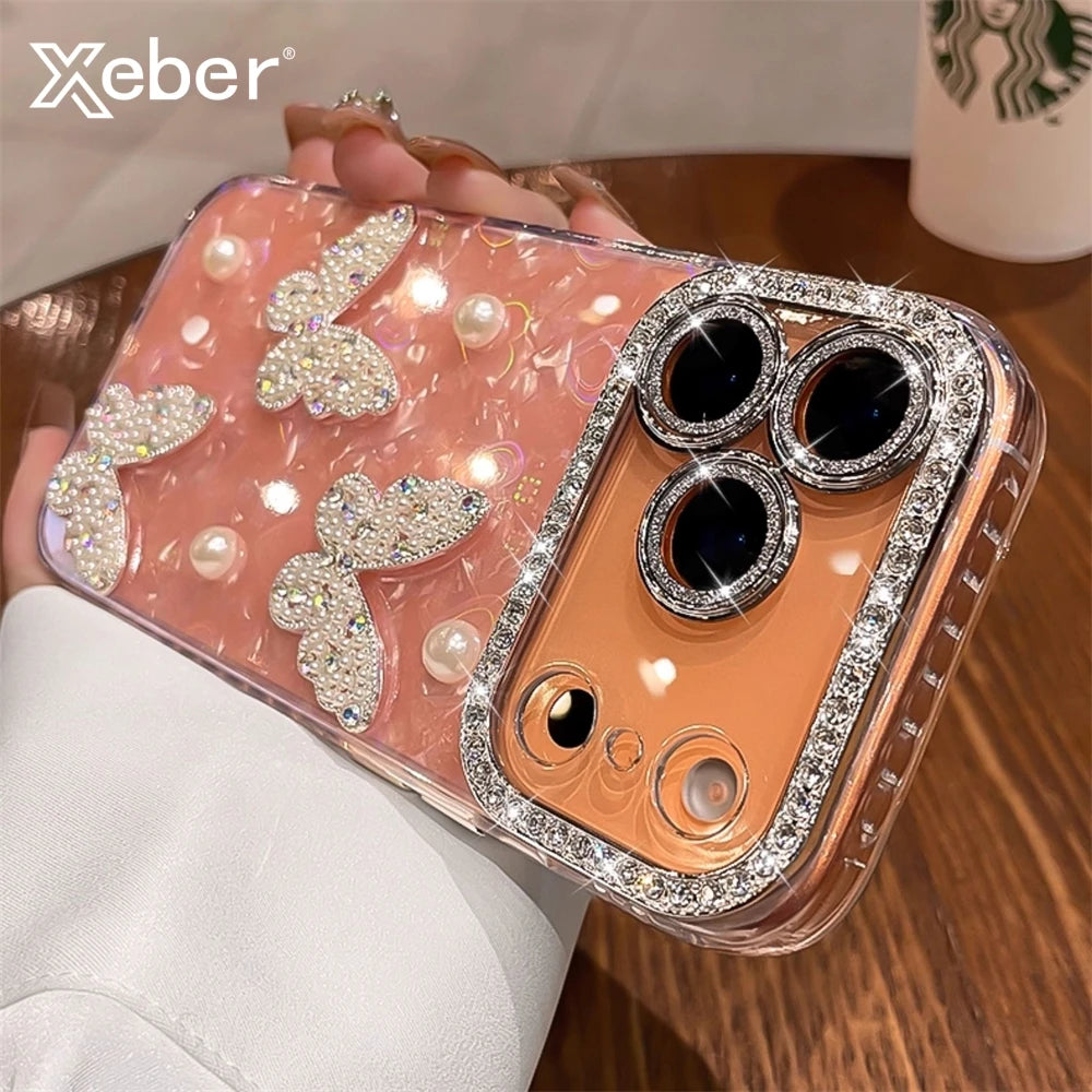 Pixor Luxury Diamond Butterfly Clear Phone Case For iPhone 17 Air 16 15 14 13 12 Pro Max Transparent