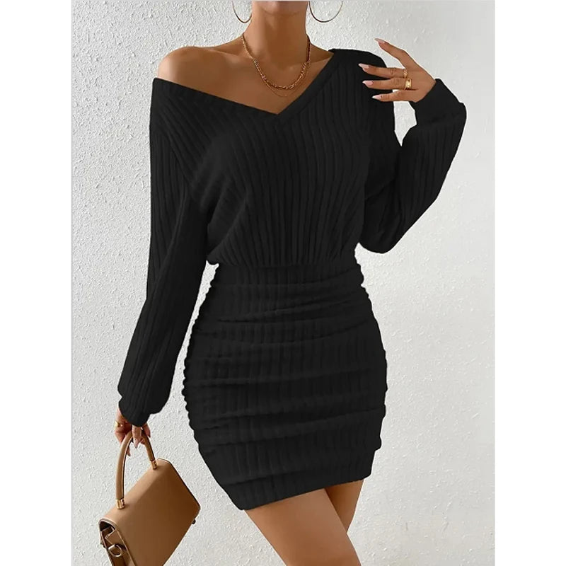Pixor Women's Autumn Winter Knitted Sweater Mini Dress Wrap V-neck Long Sleeve Warm Bodycon Short Dresses
