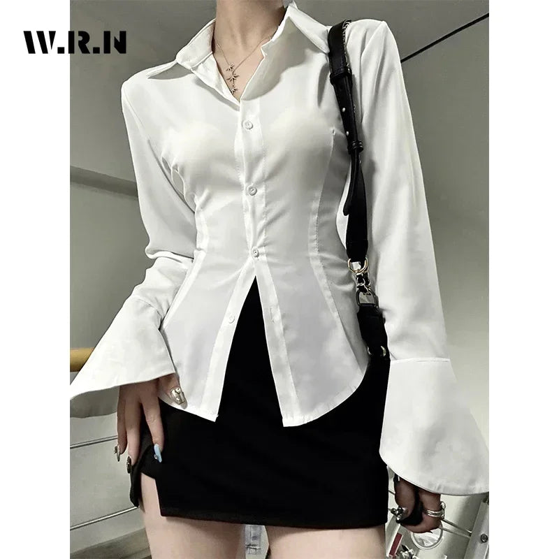Women Sexy Solid Color Slim Chiffon Shirt Turn-down Collar Flare Sleeve