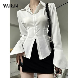 Women Sexy Solid Color Slim Chiffon Shirt Turn-down Collar Flare Sleeve