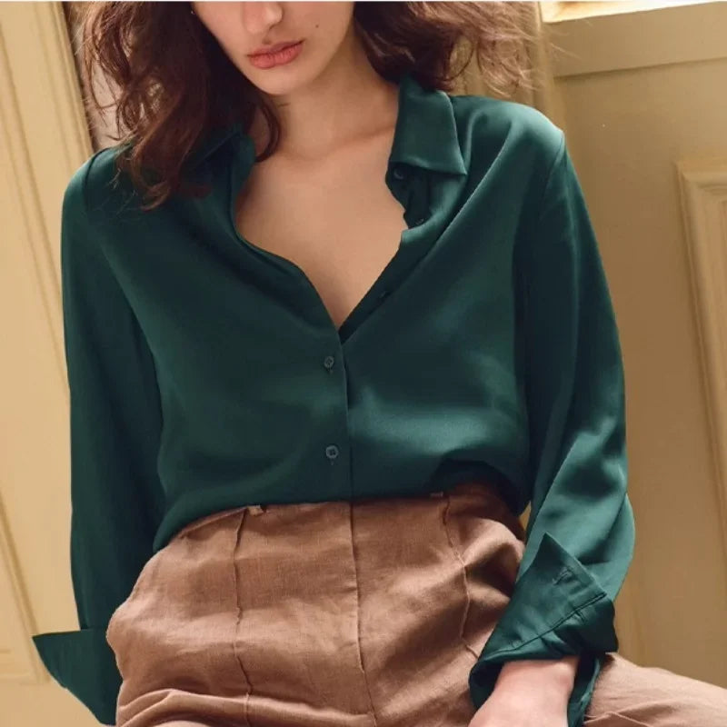 Satin Vintage Women's Shirts Spring/summer New Solid Korean Clothing Loose Long Sleeves