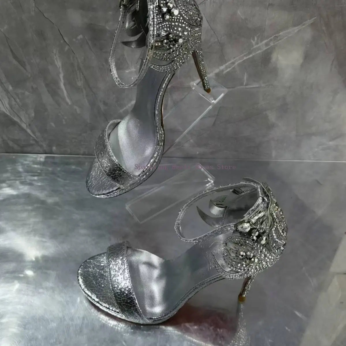 Pixor Woman Bling Rhinestone Thin High Heel Sandal Shoes Luxury Genuine Leather Female