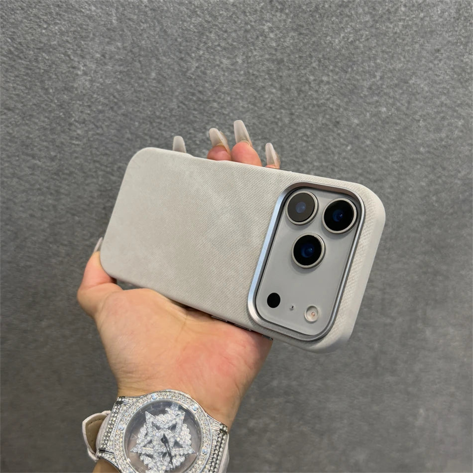 Pixor Luxury Alloy Len Frame Fiber Leather Magnetic Case For iPhone 17 16 Pro Max 15 14 13 12 For Magsafe