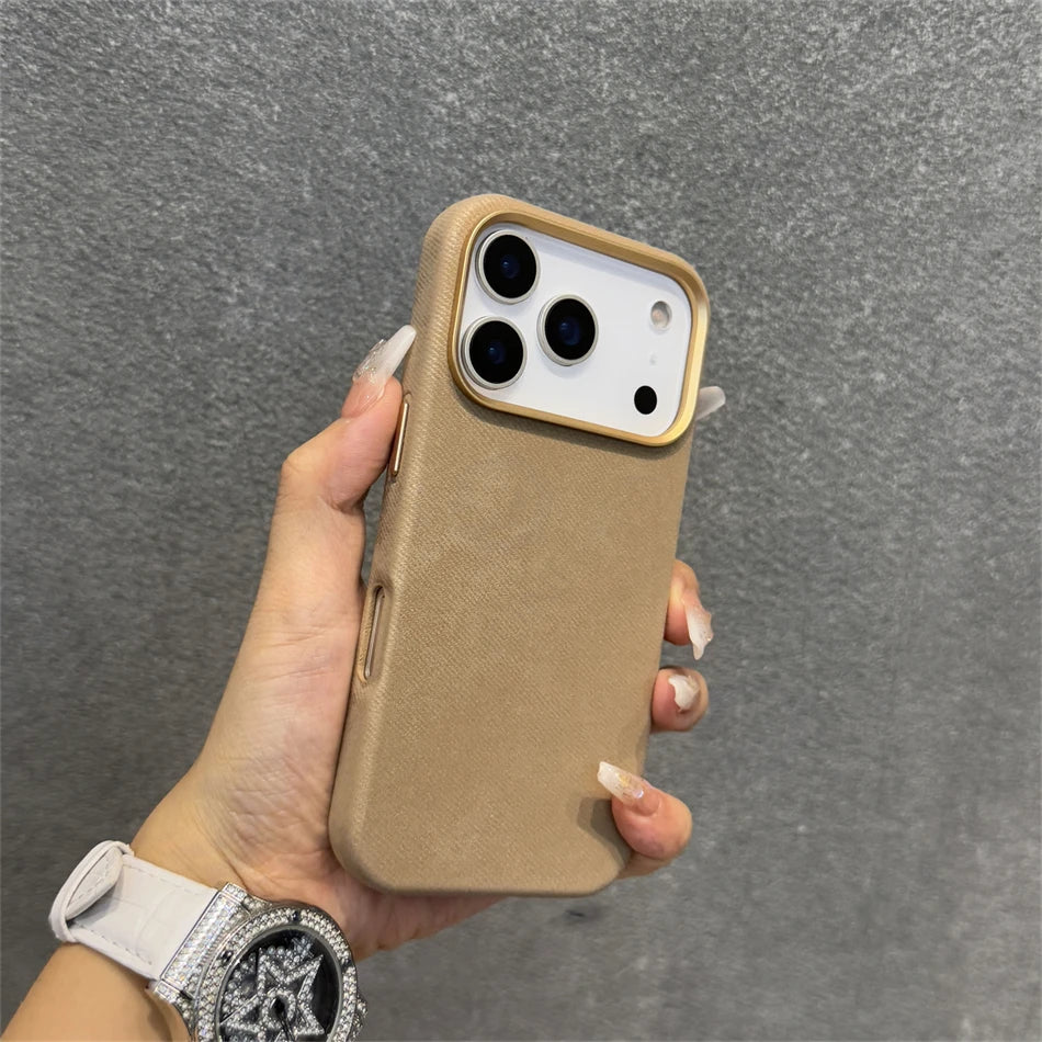 Pixor Luxury Alloy Len Frame Fiber Leather Magnetic Case For iPhone 17 16 Pro Max 15 14 13 12 For Magsafe