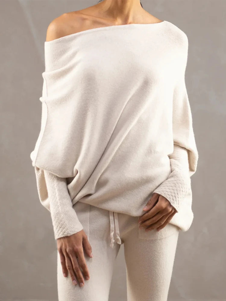 Pixor Women's Ribbed Knit Jumper Set Casual Bat Sleeve round Neck