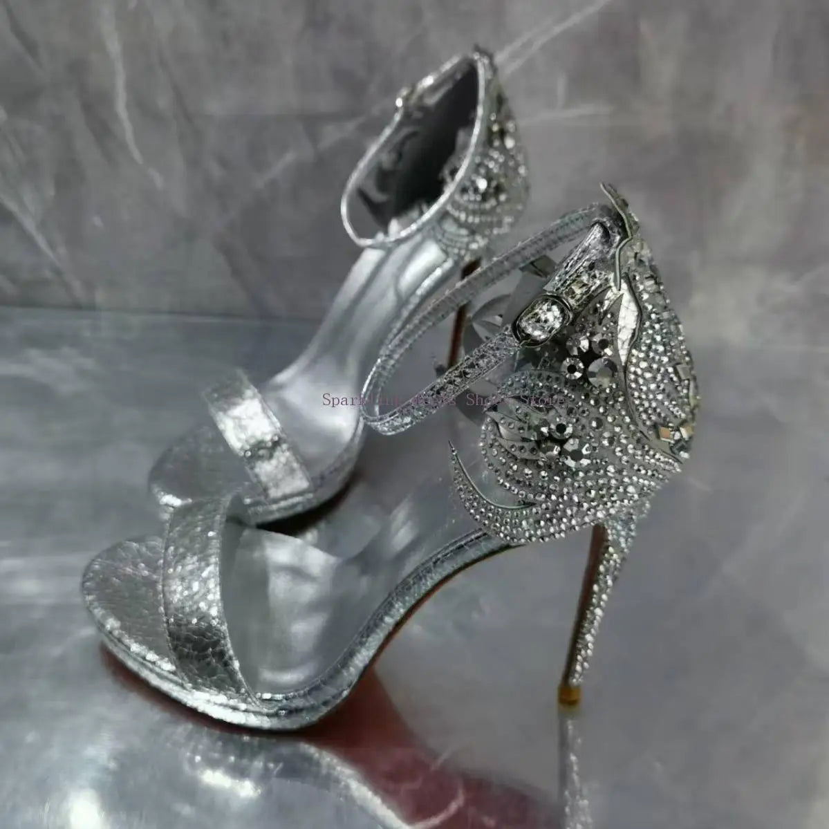 Pixor Woman Bling Rhinestone Thin High Heel Sandal Shoes Luxury Genuine Leather Female