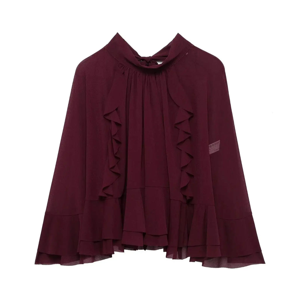 Zevity 2025 Women Fashion Stand Collar Pleat Ruffles Loose Cloak Blouse