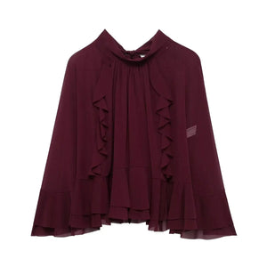 Zevity 2025 Women Fashion Stand Collar Pleat Ruffles Loose Cloak Blouse