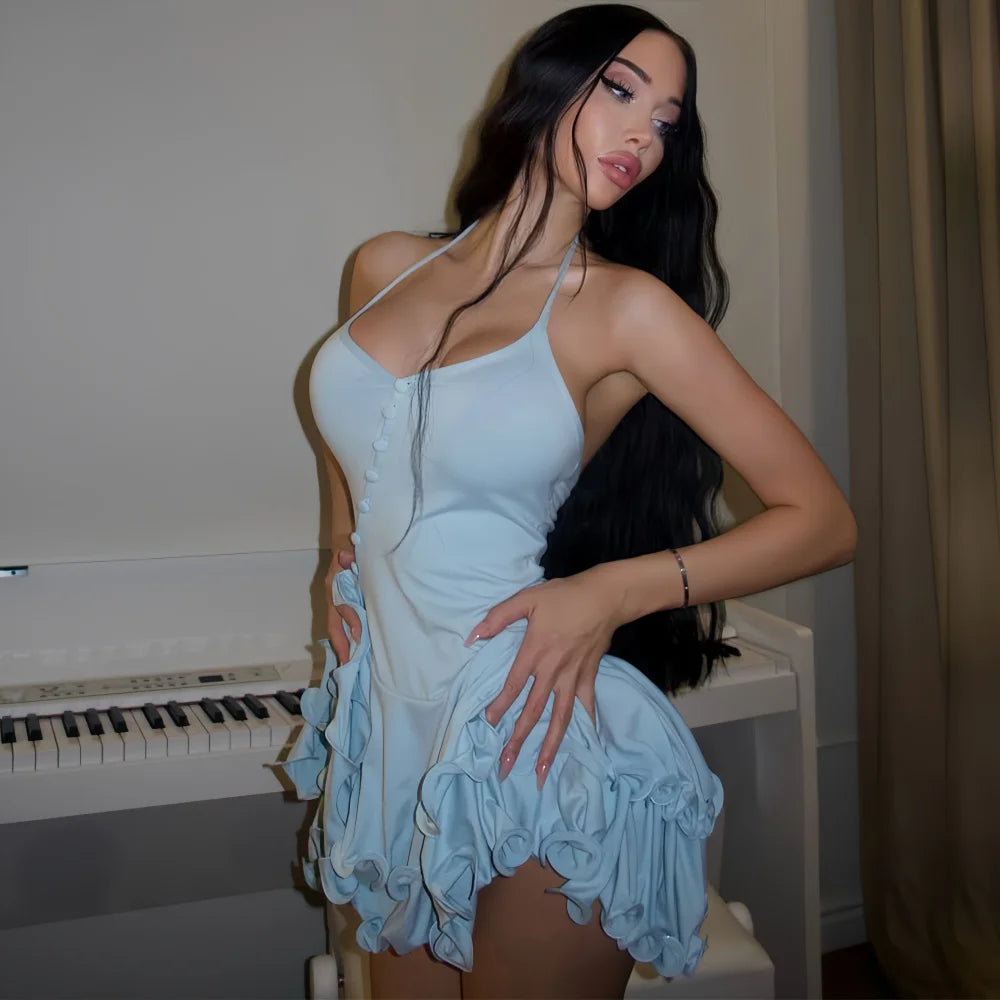 Pixor Women's A-Line Bodycon Mini Dress Ruffle Hem V-Neck Asymmetrical Buttons