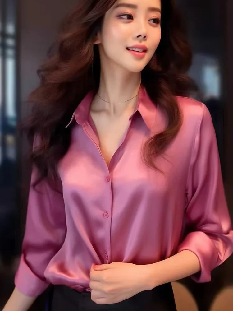 Satin Vintage Women's Shirts Spring/summer New Solid Korean Clothing Loose Long Sleeves