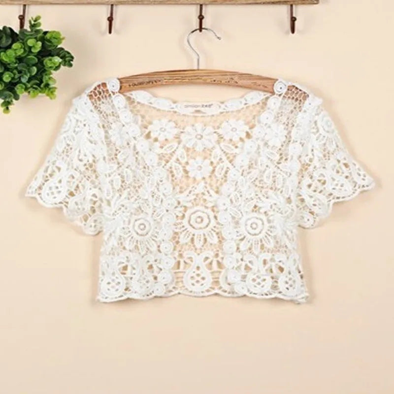 Pixor Women Short Sleeve Crochet Shrugs Hollow Out Flower Lace