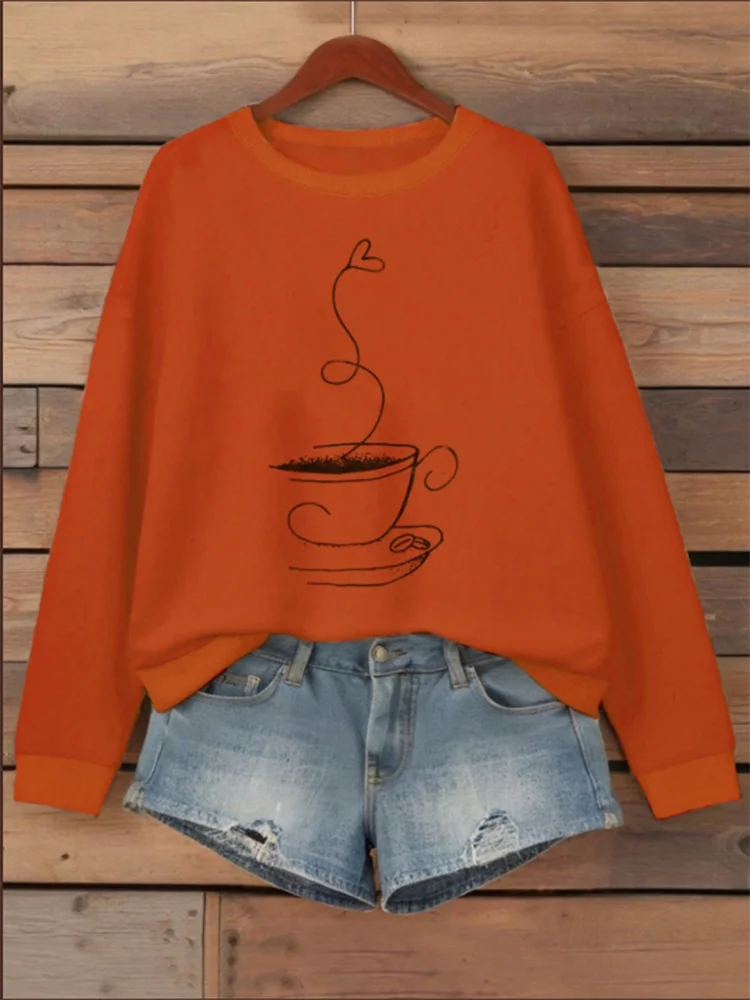 Pixor Geometric Print Long Sleeved Orange Round Neck Women's T-shirt Street Versatile Casual