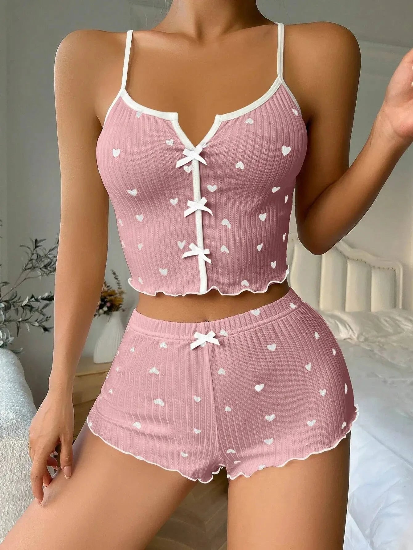 Pixor Sexy Sleepwear Women Pajamas Set Heart Print Silk Stain V-Neck Sleeveless