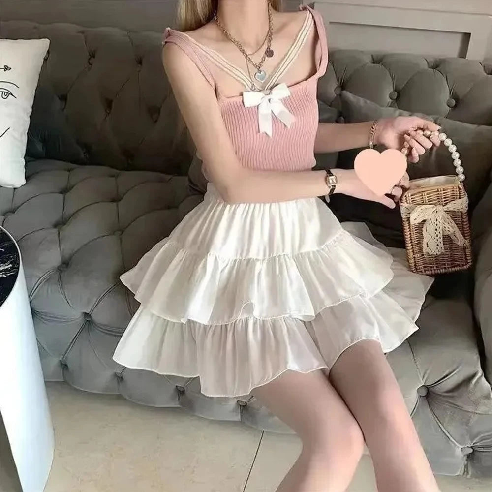 Pixor Pleated A-line Skirt White Women Ruffles Sweet Hottie Preppy Style