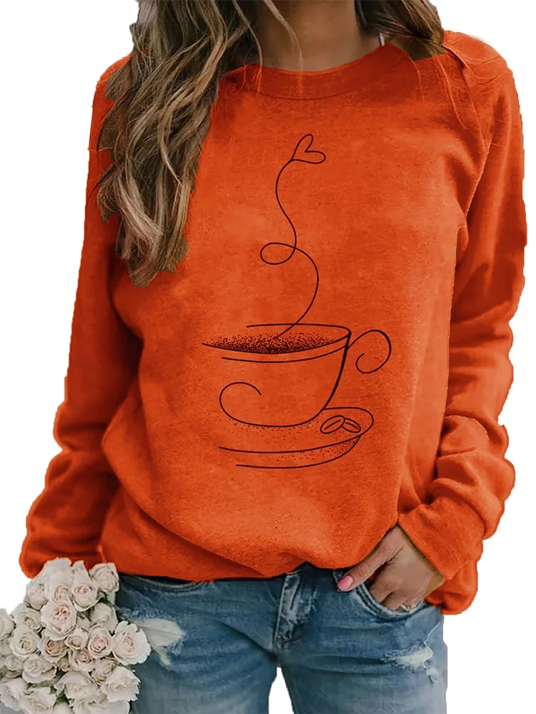 Pixor Geometric Print Long Sleeved Orange Round Neck Women's T-shirt Street Versatile Casual