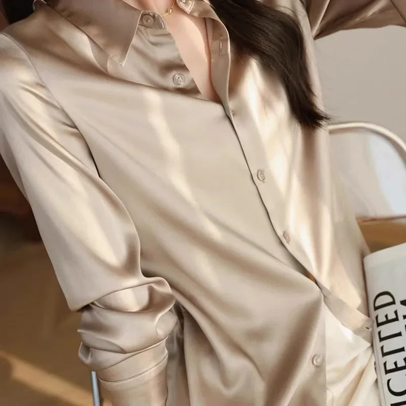 Satin Vintage Women's Shirts Spring/summer New Solid Korean Clothing Loose Long Sleeves