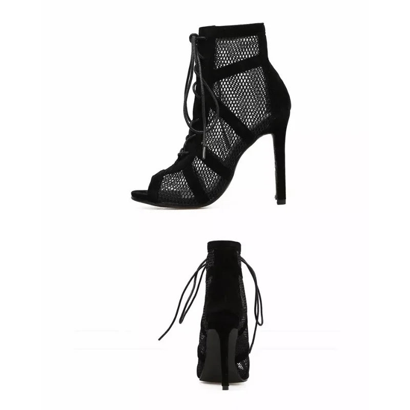 Pixor New Fashion Show Black Net Fabric Cross Strap Sexy High Heel Sandals Woman