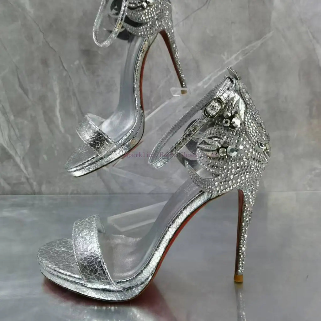 Pixor Woman Bling Rhinestone Thin High Heel Sandal Shoes Luxury Genuine Leather Female