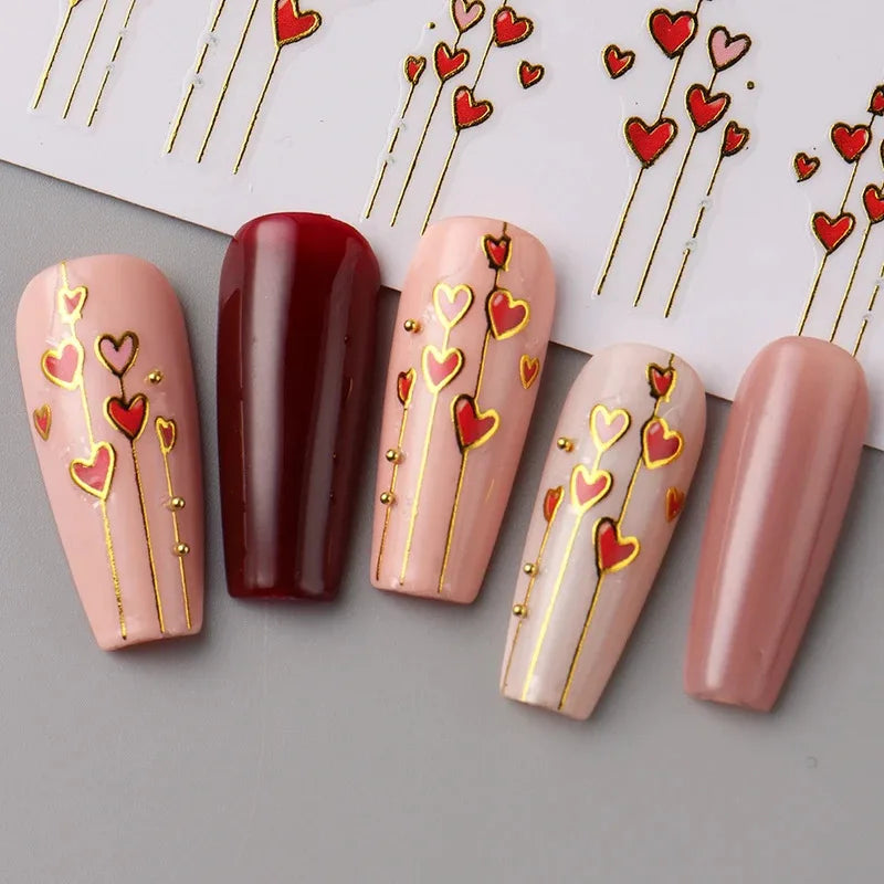 Pixor 1pcs 3D Valentine'S Day Heart & Golden Stripe Nail Stickers - Romantic Red & Pink Adhesive Nail Art Decals with Heart Lines