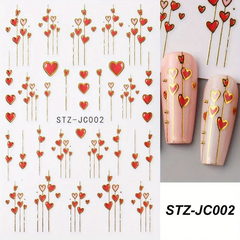 Pixor 1pcs 3D Valentine'S Day Heart & Golden Stripe Nail Stickers - Romantic Red & Pink Adhesive Nail Art Decals with Heart Lines