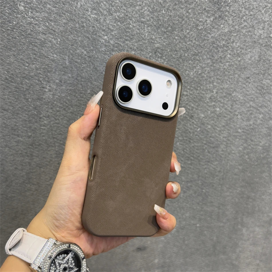 Pixor Luxury Alloy Len Frame Fiber Leather Magnetic Case For iPhone 17 16 Pro Max 15 14 13 12 For Magsafe