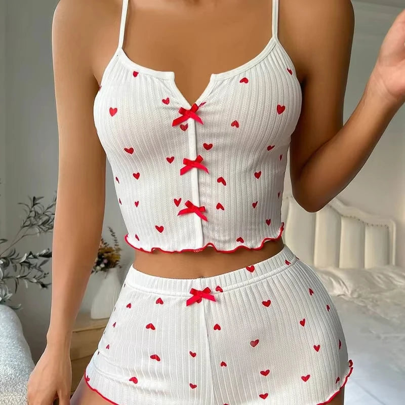 Pixor Sexy Sleepwear Women Pajamas Set Heart Print Silk Stain V-Neck Sleeveless