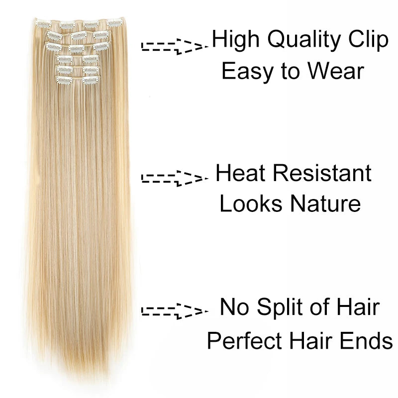 Pixor Synthetic 24Inch 16 Clips in Hair Extensions Long Straight Hairstyle Blonde Black Hairpieces