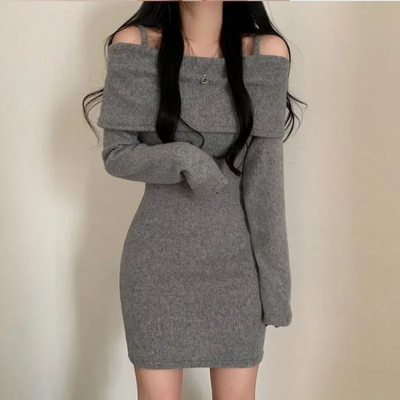 Pixor Korean Chic Knitted Dress Collar Flip Rope Texture Short Skirt Bodycon Style
