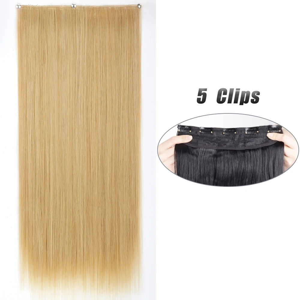 Pixor Synthetic 5 Clip In Hair Extensions Long Straight Hairstyle Hairpiece Black Brown Blonde Fake Hair For Women