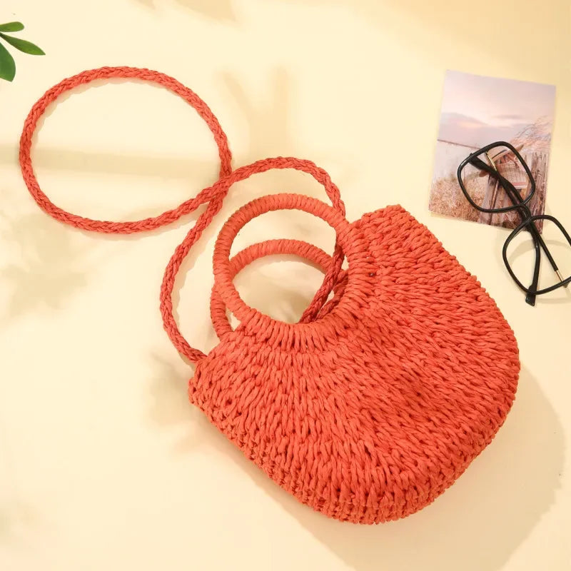 Handwoven Straw Rattan Half-Moon Beach Handbag