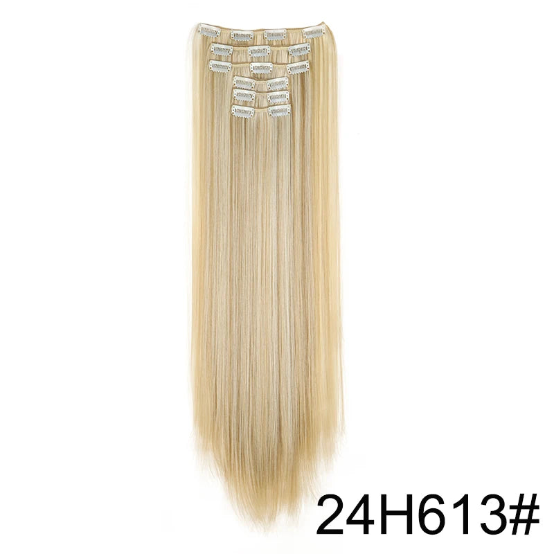 Pixor Synthetic 24Inch 16 Clips in Hair Extensions Long Straight Hairstyle Blonde Black Hairpieces